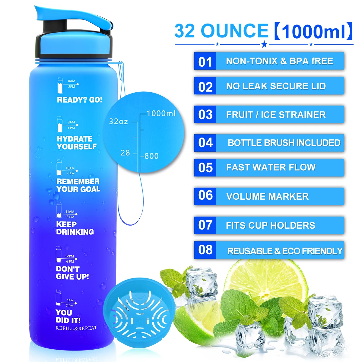 Big Water Bottle Leakproof BPA Free Portable Bottle With Filter Time Marker Sticker Cycling Gym Drinking Bottle Gourde 1 Litre