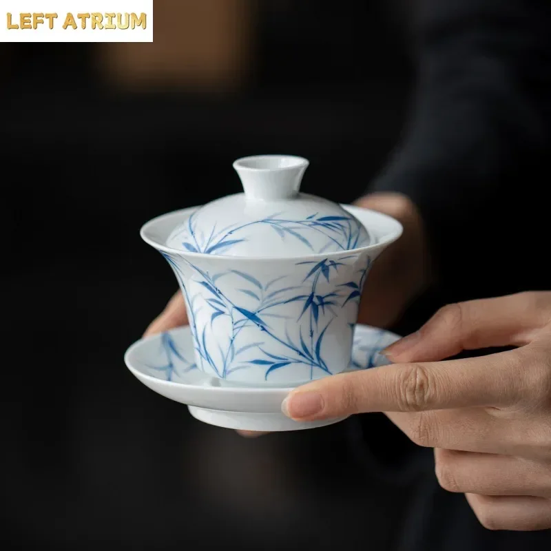 Hand-painted Blue and White Bamboo Shadow Collection Underglaze Color Teacup Cover Bowl Small Vase Fair Cup Tea Filter TeaPot