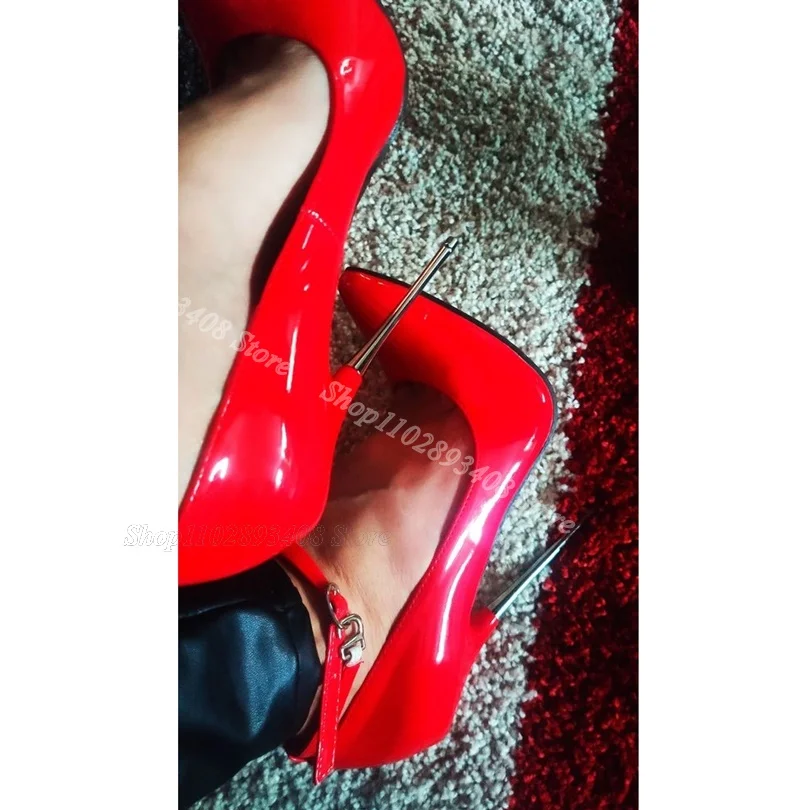 Red Patent Leather Ankle Buckle Pumps Metal Heels Solid Sexy Brtish Style Design for Party Dress Shoes 2024 Zapatos Para Mujere