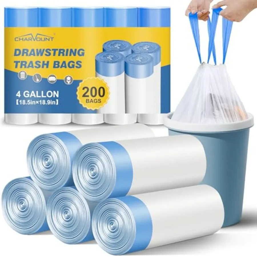 

4 Gallon Drawstring Small Trash Bags 200 Count Plastic Garbage Can Liners for Bathroom Accessories Bedroom Dorm Room Essentials