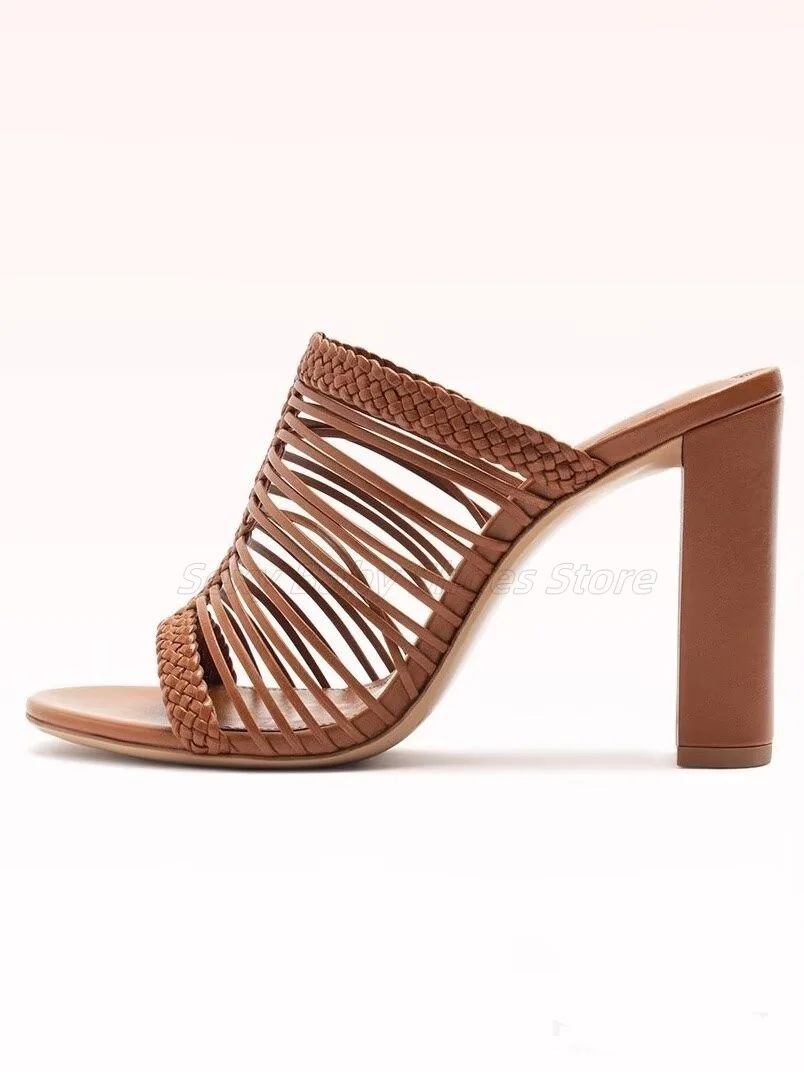 

Retro Woven Hollow Out One Line Dragging Women's Delicate Belt with Sloping Heel Square Toe Exposed Half Dragging Cool Slippers