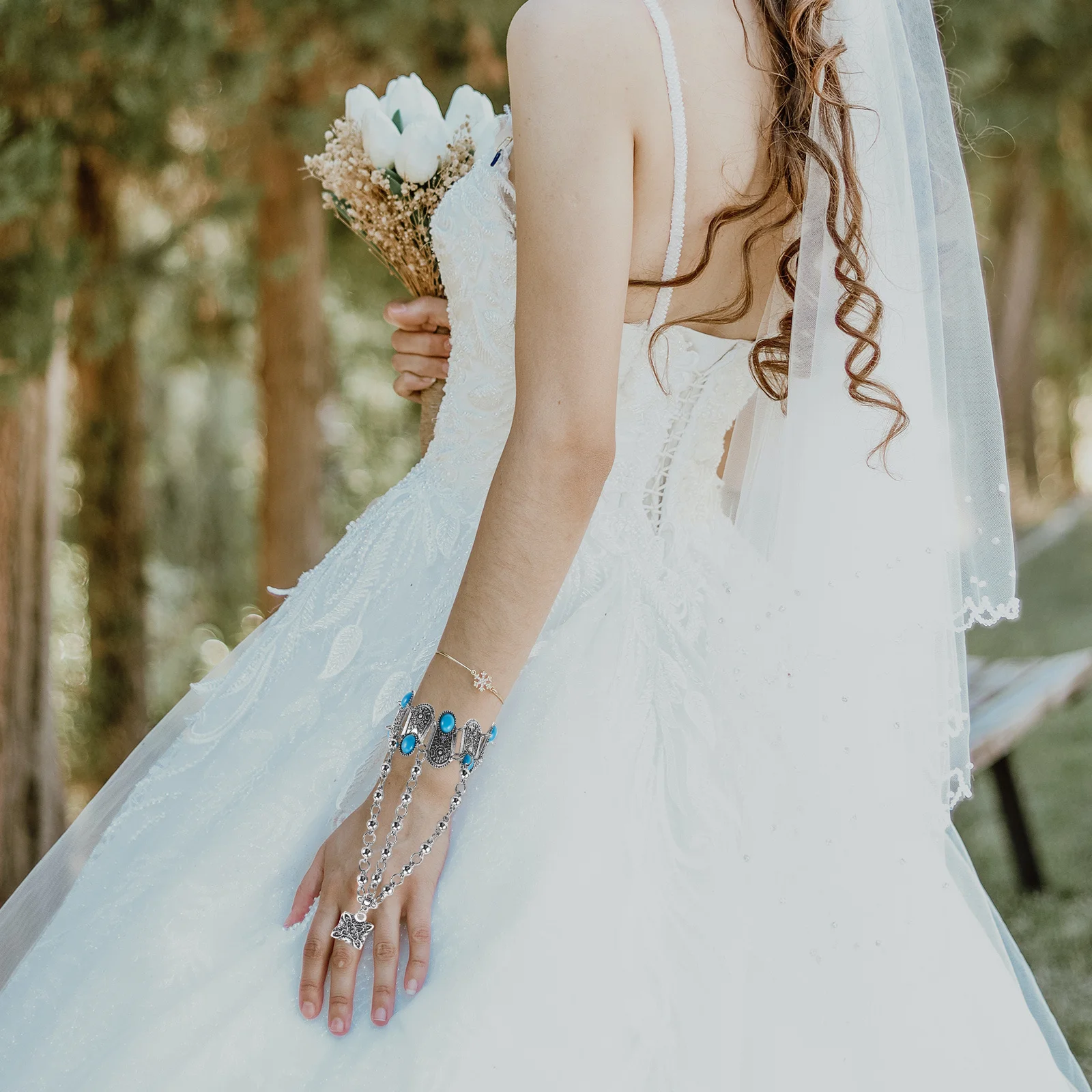 

Retro Ethnic Charm Bracelet Ring Set Vintage Design Adjustable Gemstones Hand Chain Turquoise Statement Boho Jewelry Accessories