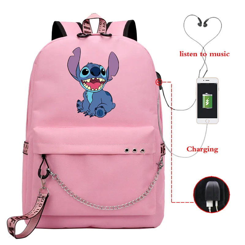 Disney Stitch Bag Zipper USB Charging Mochila Capacity Backpack Women Kpop School Bags for Teenage Girls Students