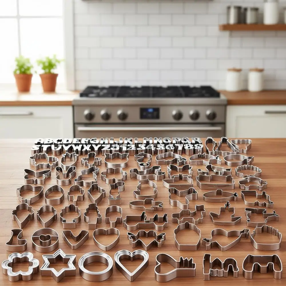 

Набор из 108 формочек для печенья из нержавеющей стали: включает формы в виде сердечек, звезд, кругов, транспортных средств, морских существ, букв алфавита, цифр, иероглифов.