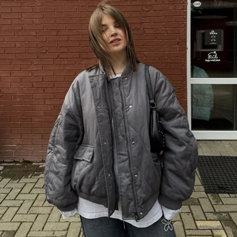 

Loose Rhombus Cotton Jacket Women Solid Pocket Single Breasted Stand Collar Coat Autumn Winter New Casual Jacket