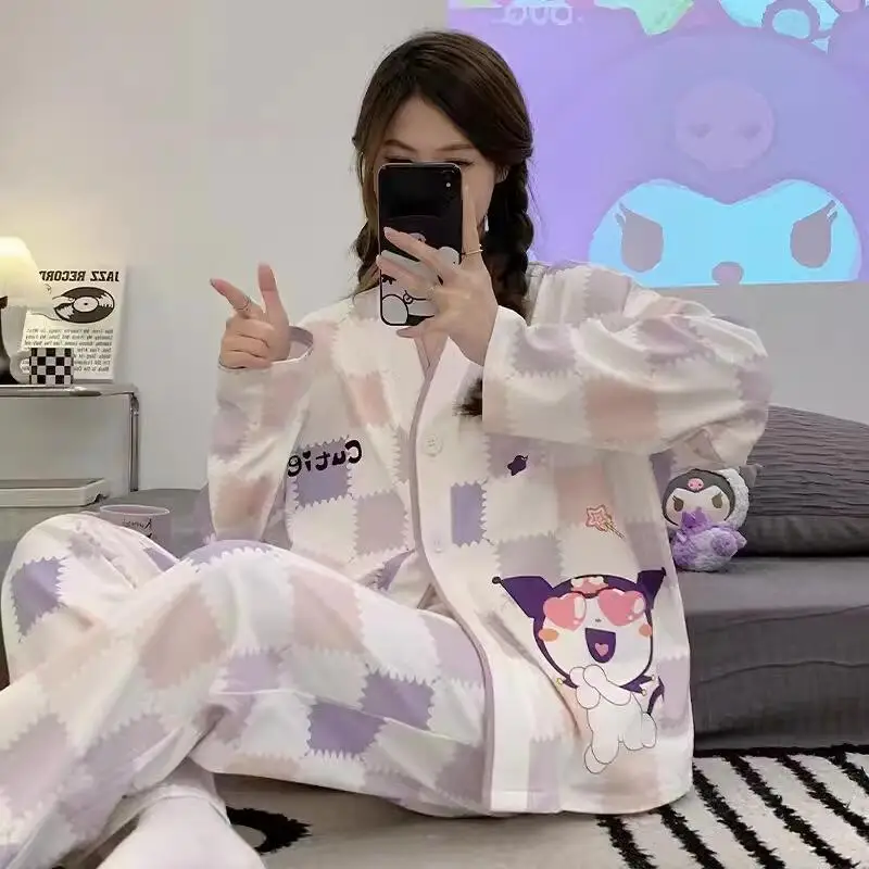 

Sanrio Kuromi кардиган для молодых девушек, пижамы Kawaii, студенческий осенний комплект с героями мультфильмов для отдыха, длинные брюки с длинными рукавами, тонкий стильный комплект домашней одежды