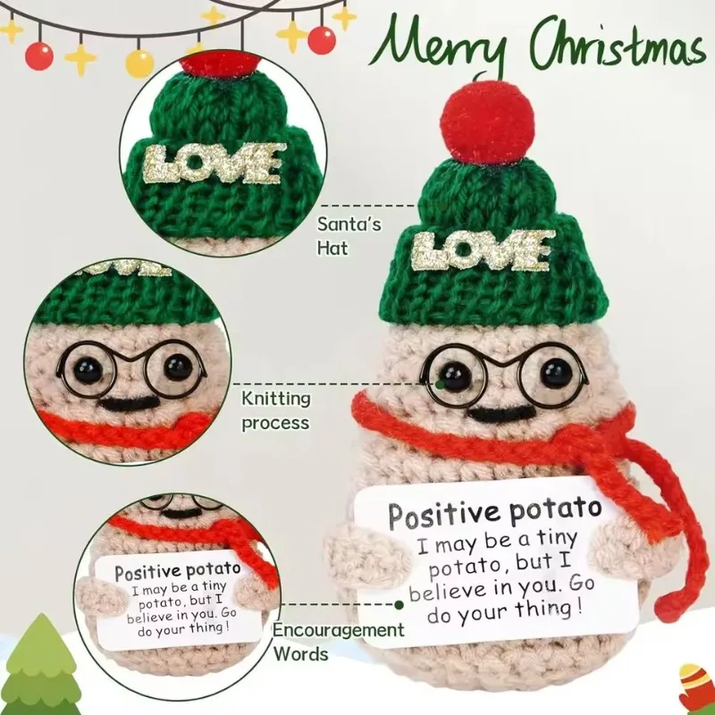 Cute Handmade Wool Knitted Xmas Potato Doll: Funny Positive Emotional Ornament with Card – Home Christmas Decoration