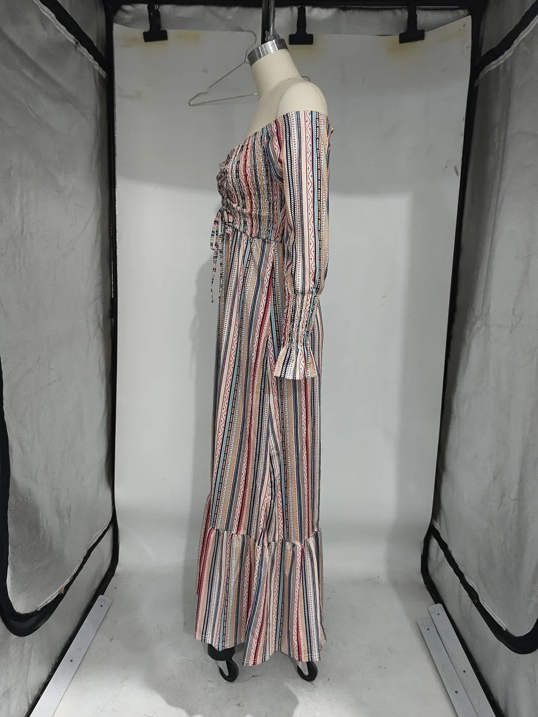 Women Striped Print Drawstring Full Sleeve Slash Neck Pleated Long Dress Fall Beach Party Prom Evening Dresses Vestidos