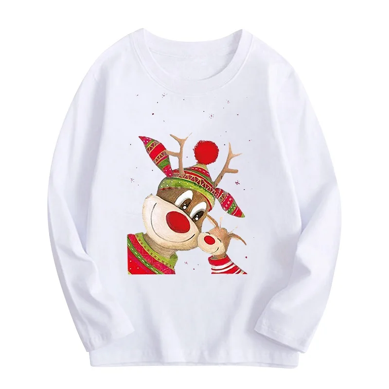 Girls' white new autumn Christmas theme reindeer children's long-sleeved T-shirt round neck sweat-absorbent bottoming shirt