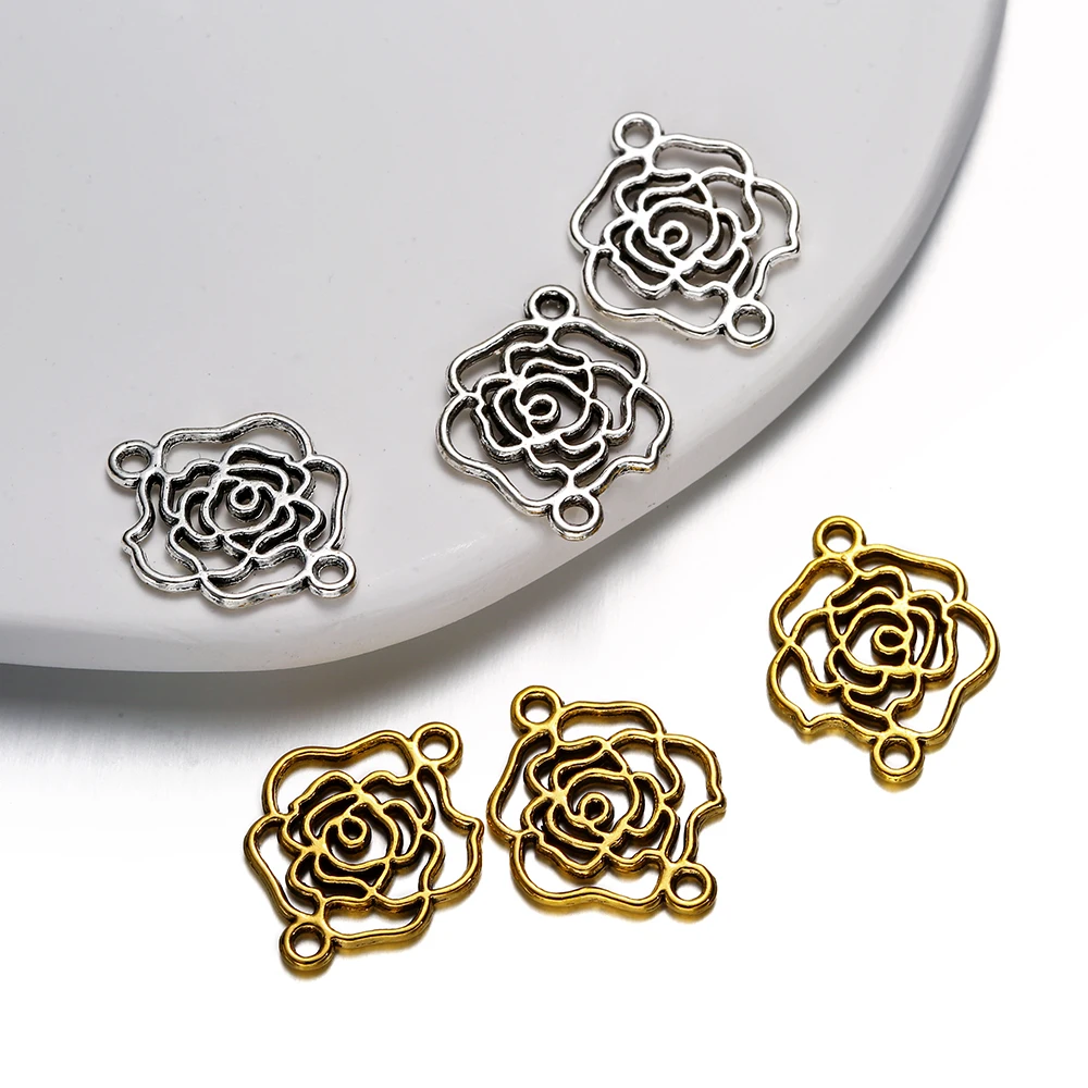 50pcs 17x13.5mm Hollow Flower Connector Gold Color Alloy Charms Pendants For DIY Bracelet Necklace Jewelry Making Accessories