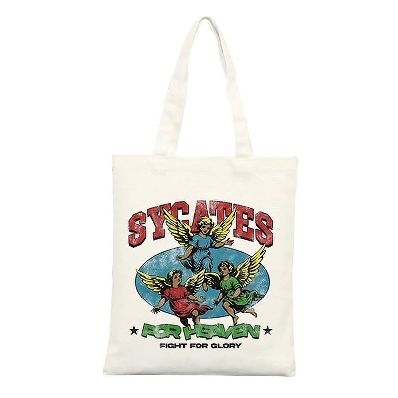 Canvas Tote Bag with Angel Graphic and Typography Print, Vintage Style for Casual Shopping and Daily Use