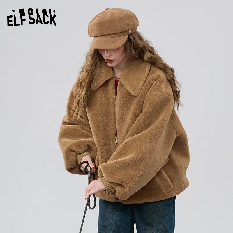 ELFSACK 2024 Winter New Arrivals Retro khaki loose collar imitation plush thick coat for women