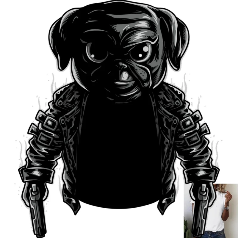 Cool Punk Style Dog In Leather Jacket With Gun Heat Transfer White Ink Iron - on, Versatile, Suitable For T - shirts, Canvas