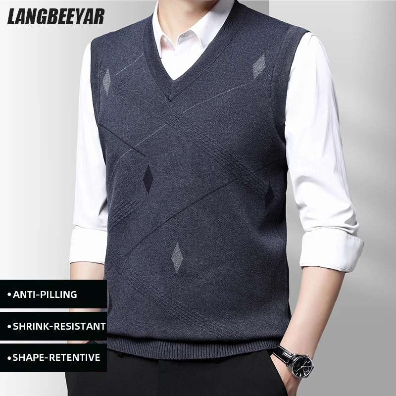 

Top Grade New Autum Winter Fashion Brand Knit Pullover V Neck Argyle Sleeveless Sweater Vest Mens Casual Men Clothes