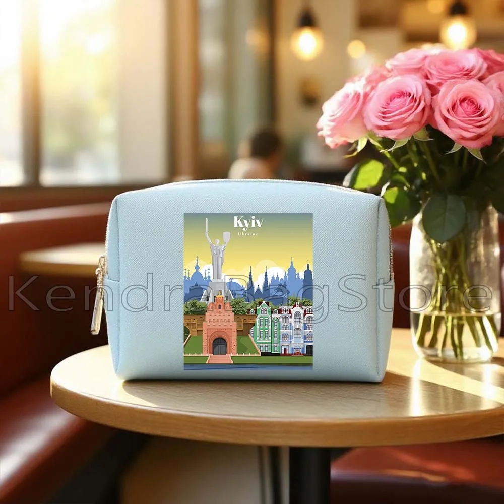 Santorini Greece Tokyo Kyiv Milan Italy Rio De Janeiro San Diego Blue PU Leather Cosmetic Bags Makeup Waterproof Storage Bags