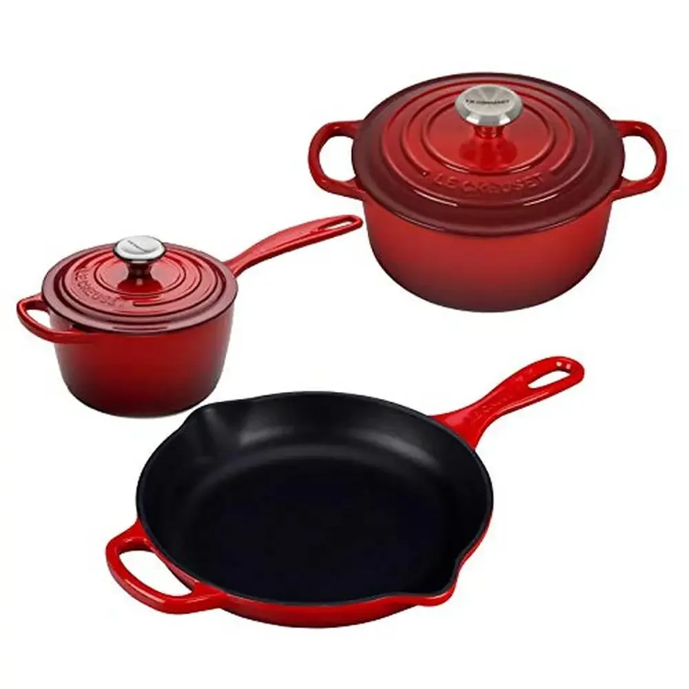 Cast-Iron Cookware Set Dutch Oven Skillet Saucepan Red Cerise