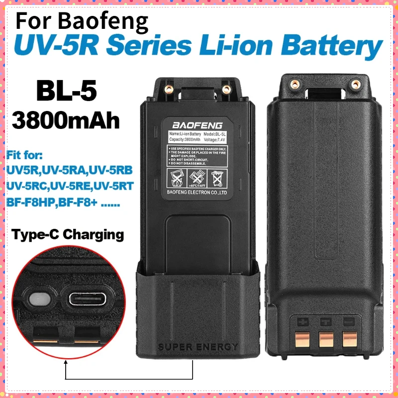 

BL-5 For Baofeng UV-5R Series Walkie Talkie Large Capacity Li-ion Battery 3800mAh Type-C UV5R UV-5RT BF-F8HP F8+ Two Way Radios