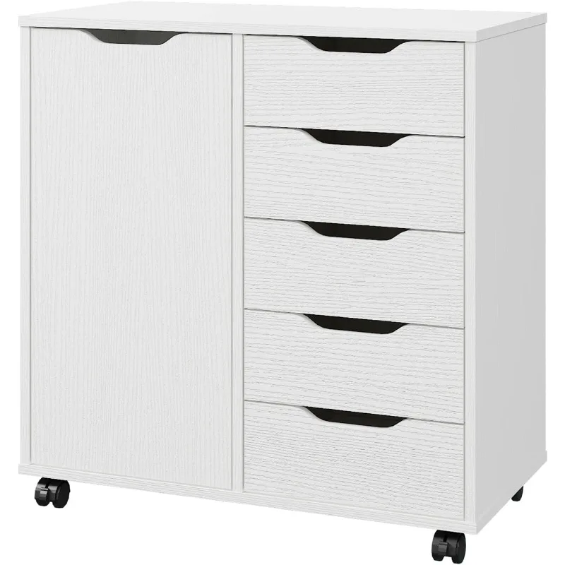 5-Drawer Chest with 1 Door, Wooden Chest of Drawers Storage Dresser Cabinet with Wheels, Office Organization and Storage,