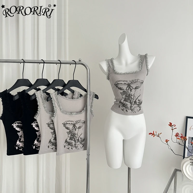 

RORORIRI Aesthetic Print Tank Top Women Rib Knit Lace Trim Square Neck Slim Fit Sleeveless Vest Summer Grunge Y2k Streetwear