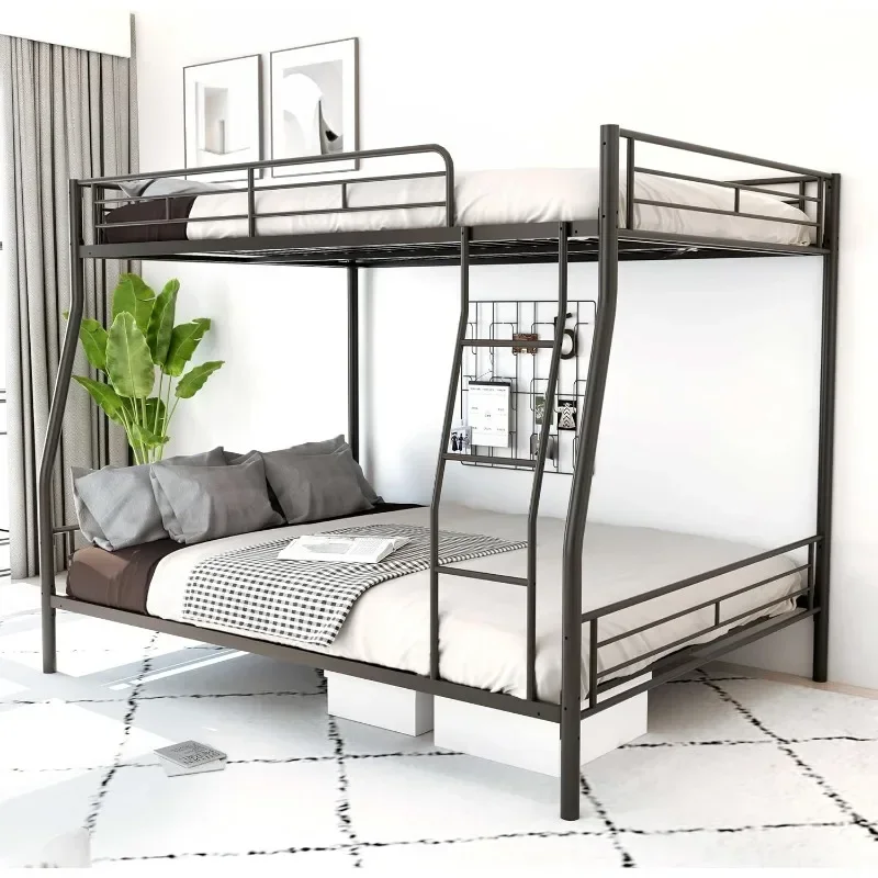 Full Over Queen Bunk Bed with Ladder Rungs for Dorm, Bedroom, Guest Room, Sturdy Steel Queen Bunk Bed Frame w/Safety Guardrail