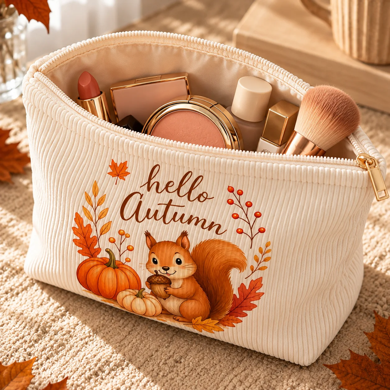 Makeup Bag Corduroy Cosmetic Pouch Squirrel Pumpkin Print Travel Toiletry Organizer Women Storage Bag Cosmetic Case Makeup Pouch