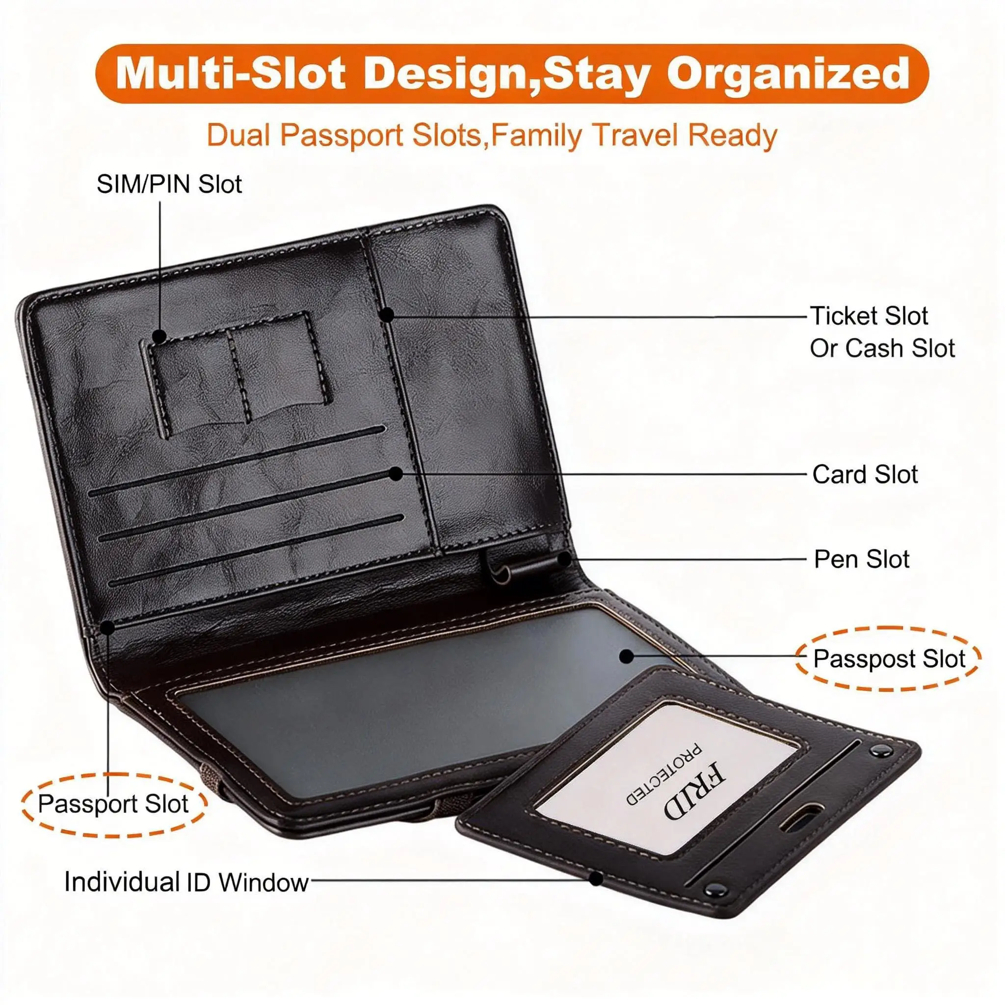Herren Damen Leder Reisepasshülle RFID-Blockierung Reisebrieftasche Reisepassetui mit Stifthalter Dual-SIM-Kartenfächer – Detail 8