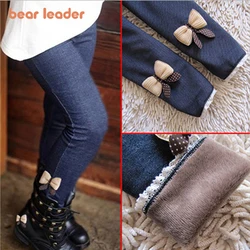 Bear Leader Girls' Leggings 2023 Autumn New Children's Bow Tie Plush Imitation Denim Leggings Children's Fashion Pants