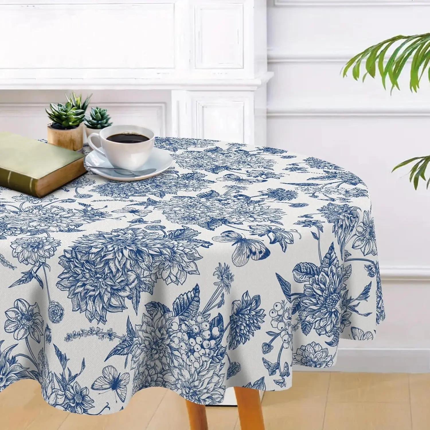 Chinoiserie Flower Round Tablecloth Blue and White Porcelain Floral Butterfly Decorative Dining Table Cloth