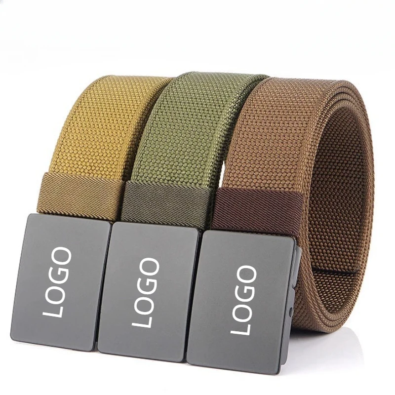 

Customized LOGO 120CM Automatic Alloy Zinc Buckle Waist Band for Men Canvas Nylon Tactical Belt Non Perforated Waistband