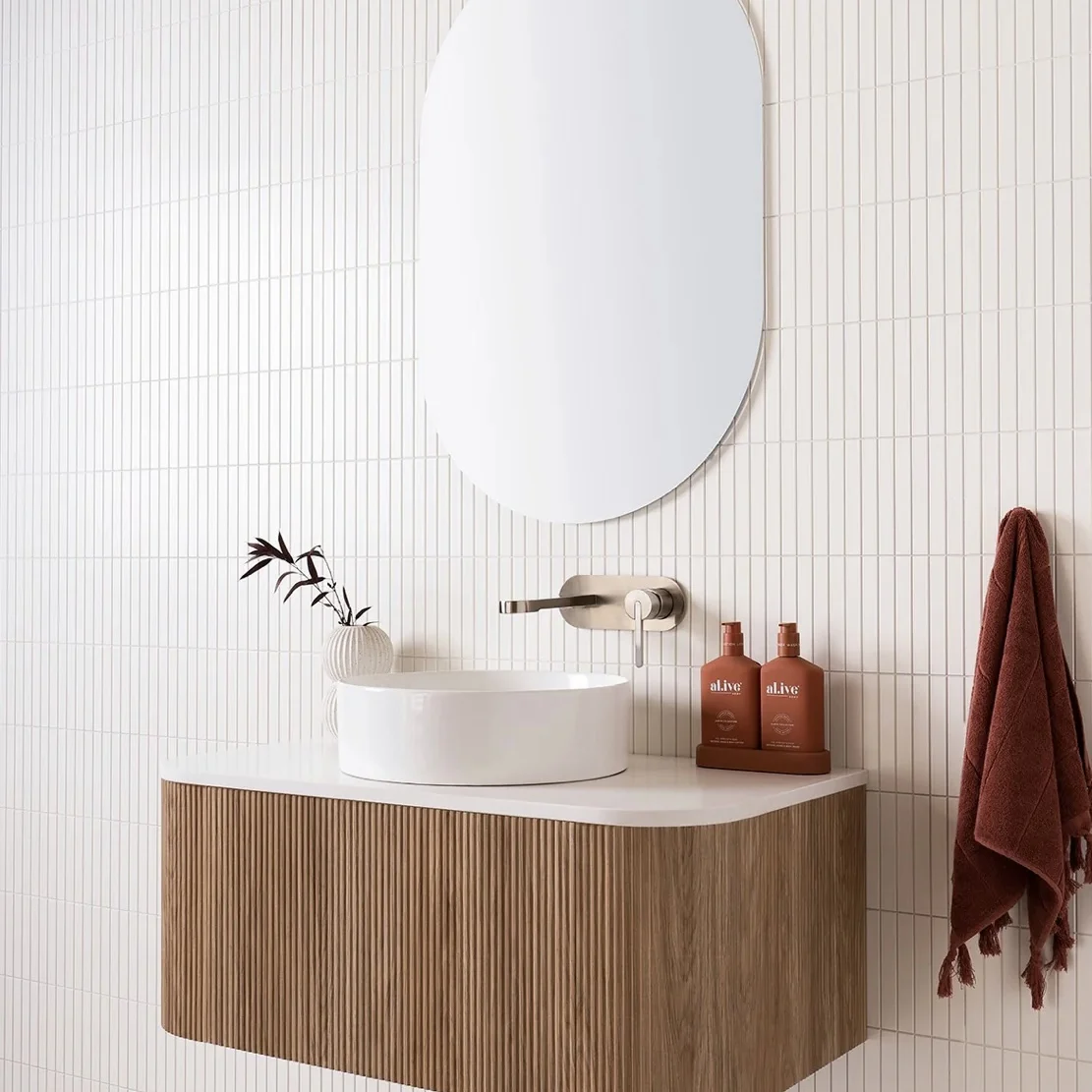 Oak Color Modern Design Wall-Mounted Bathroom Vanity LED Smart Mirror Solid Plywood Vertical Stripes MDF Marble Counter Basin