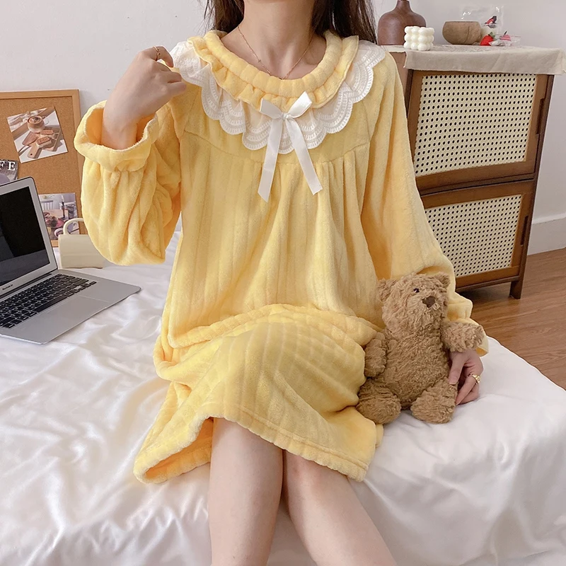 

Зимние толстые теплые фланелевые ночные рубашки с длинными рукавами для женщин, корейские милые кружевные пижамы из кораллового флиса, ночное платье, ночная рубашка, ночная рубашка