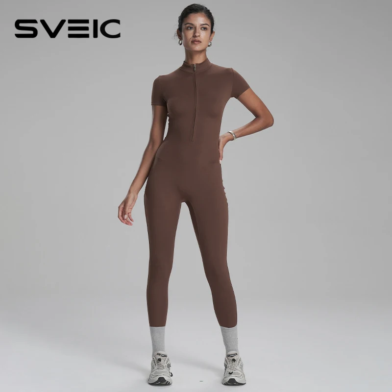 

SVEIC Yoga Jumpsuit Zipper Short Sleeves Sports One Piece Bodysuit Fitness Leggings Breathable Workout Running Gym Woman Clothes
