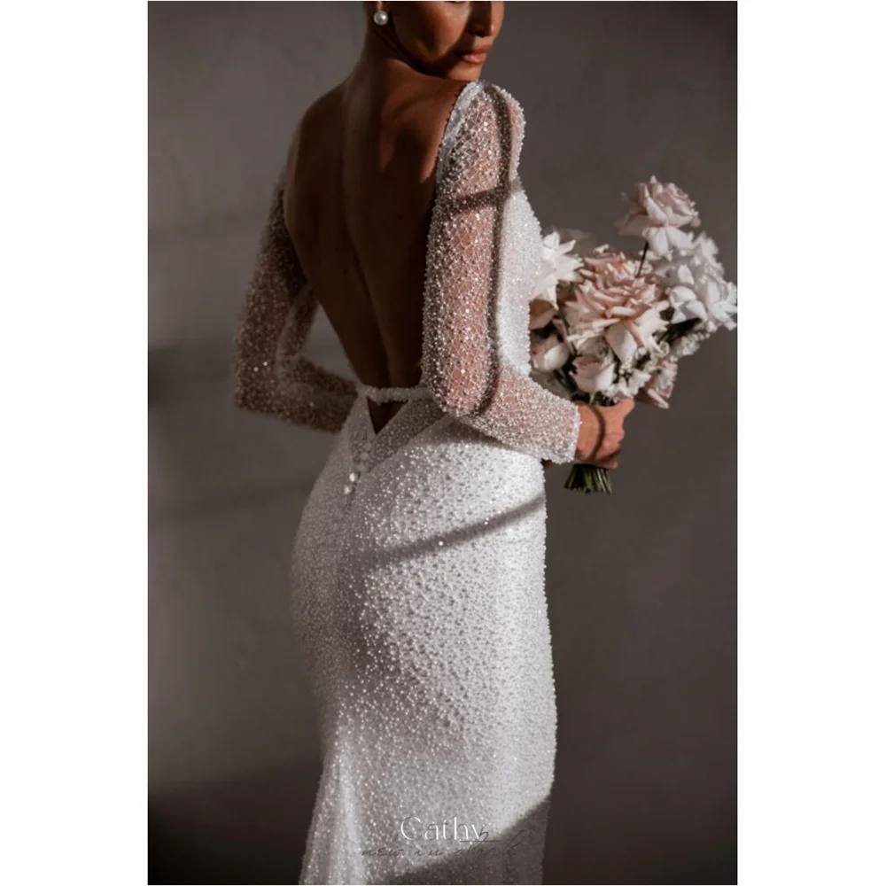 Cathy White V-neck Glitter Wedding Dresses Backless Mermaid vestidos de noche Elegant Long Sleeves Long Tail Formal Evening 2024