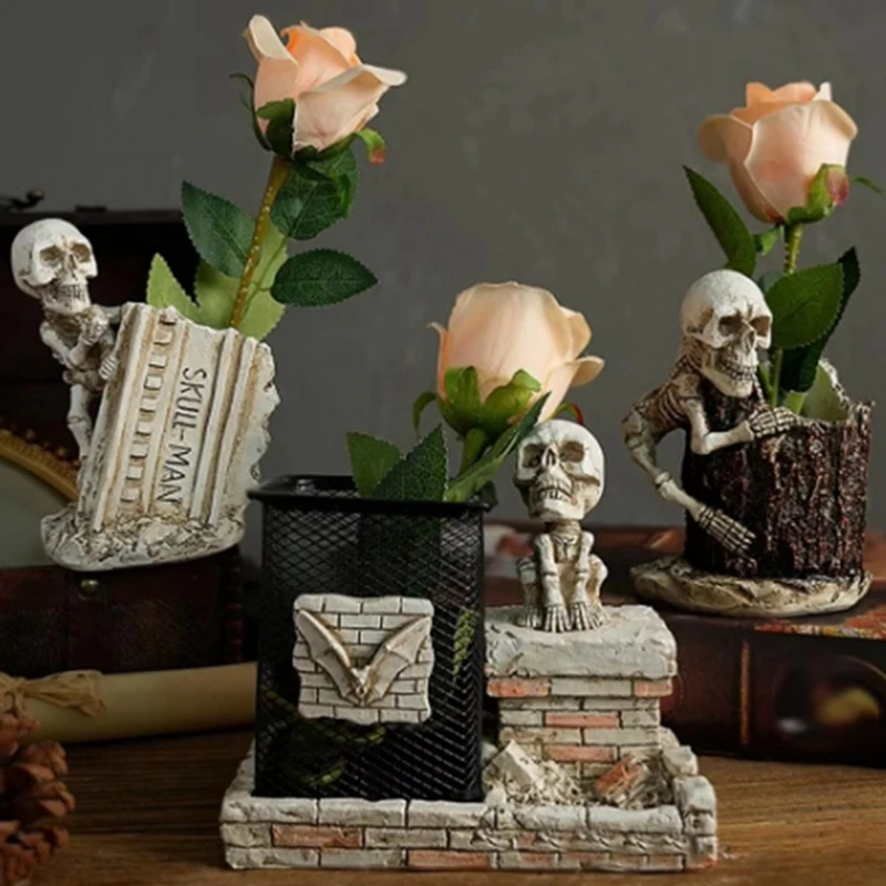 استمتع بفرشاة الماكياج الجديدة حامل الهالوين الهيكل العظمي الراتنج تمثال قلم رصاص الحاويات حامل سطح المكتب القرطاسية المنظمون للأقلام