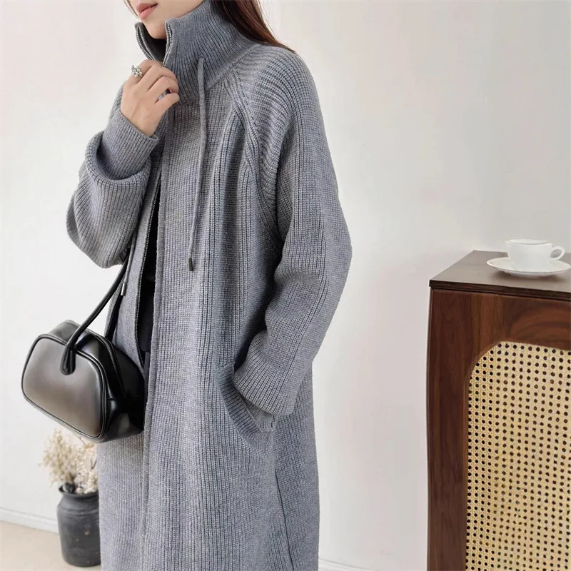 

SuperAen 2025 Autumn and Winter New Drawstring Zipper Stand-up Collar Knitted Coat for Women Loose Cardigan Sweater