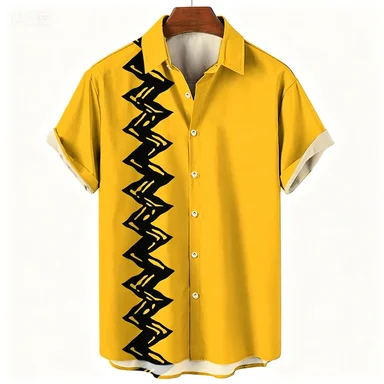 2026 Simple Yellow Background, Fine Black Wavy Hem, Short Sleeved Shirt, Retro Casual Men's Shirt - view 6