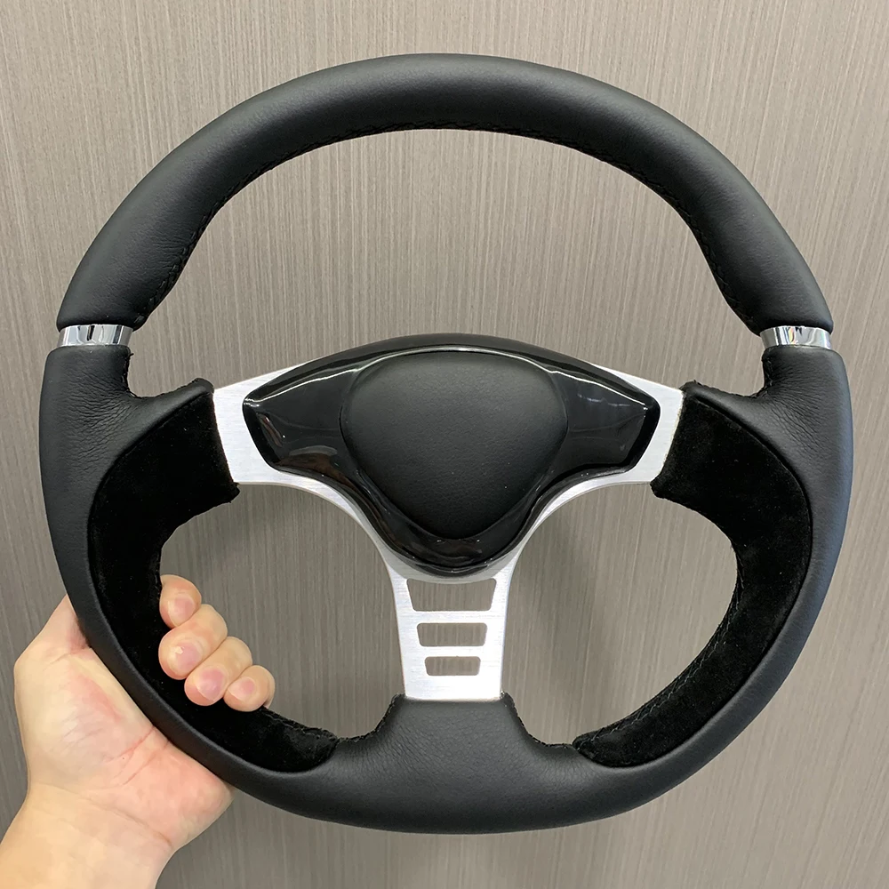 New Design Car Steering Wheel Black Leather and Suede Patchwork Steering Wheel 350mm Flat Bracket Racing Steering Wheel