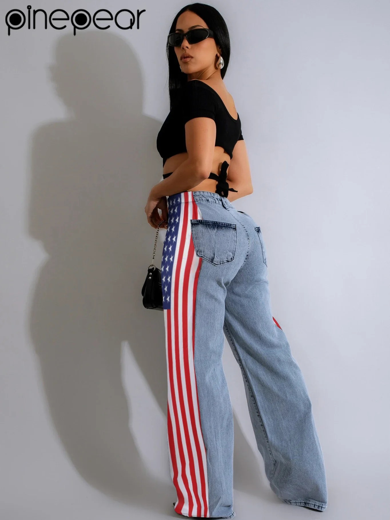 PinePear 2025 American Flag Print Women Baggy Jeans Streetwear Y2K Long Straight Trousers High Waisted Wide Leg Denim Pants