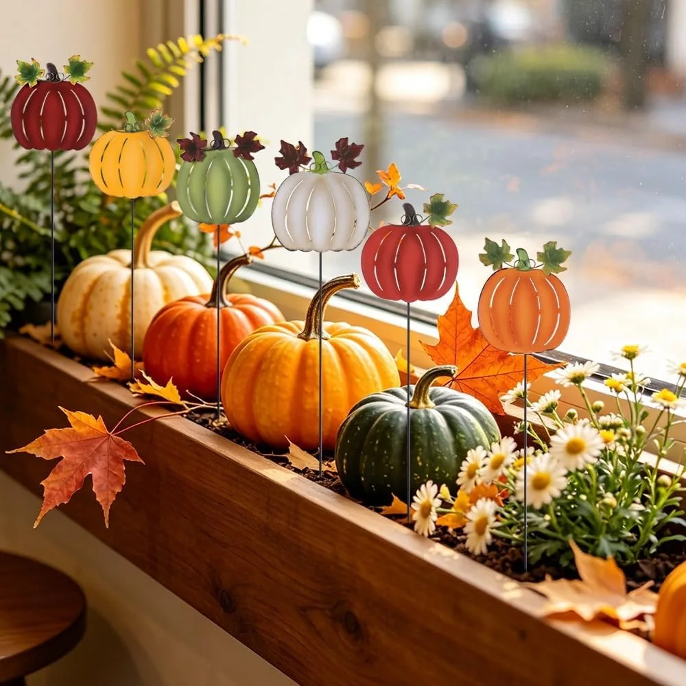 Fall Pumpkin Yard Stakes Set, Thanksgiving Harvest Metal Lawn Signs, Autumn Garden Outdoor Decor