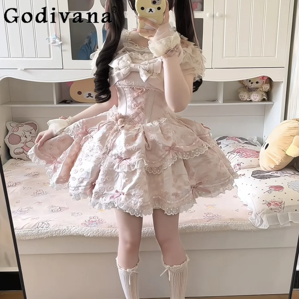 

Pink Lolita Mini Dress Summer New Japanese Sweet Girl High Waist Slim Elegant Suspender Dress Jsk Cute Bow Lace Edge Dresses