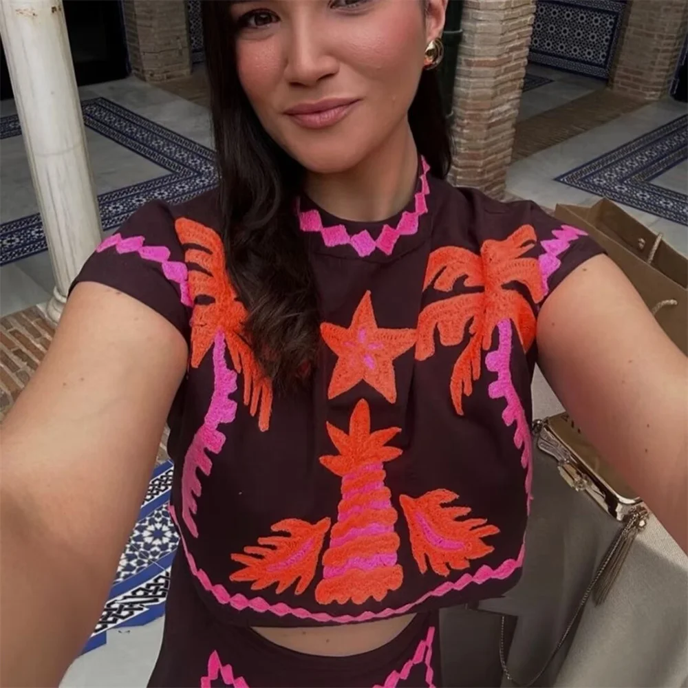 European And American Style 2024 Summer Women's Clothing New Fashion Casual Positioning Printed Top High Waist Skirt Set