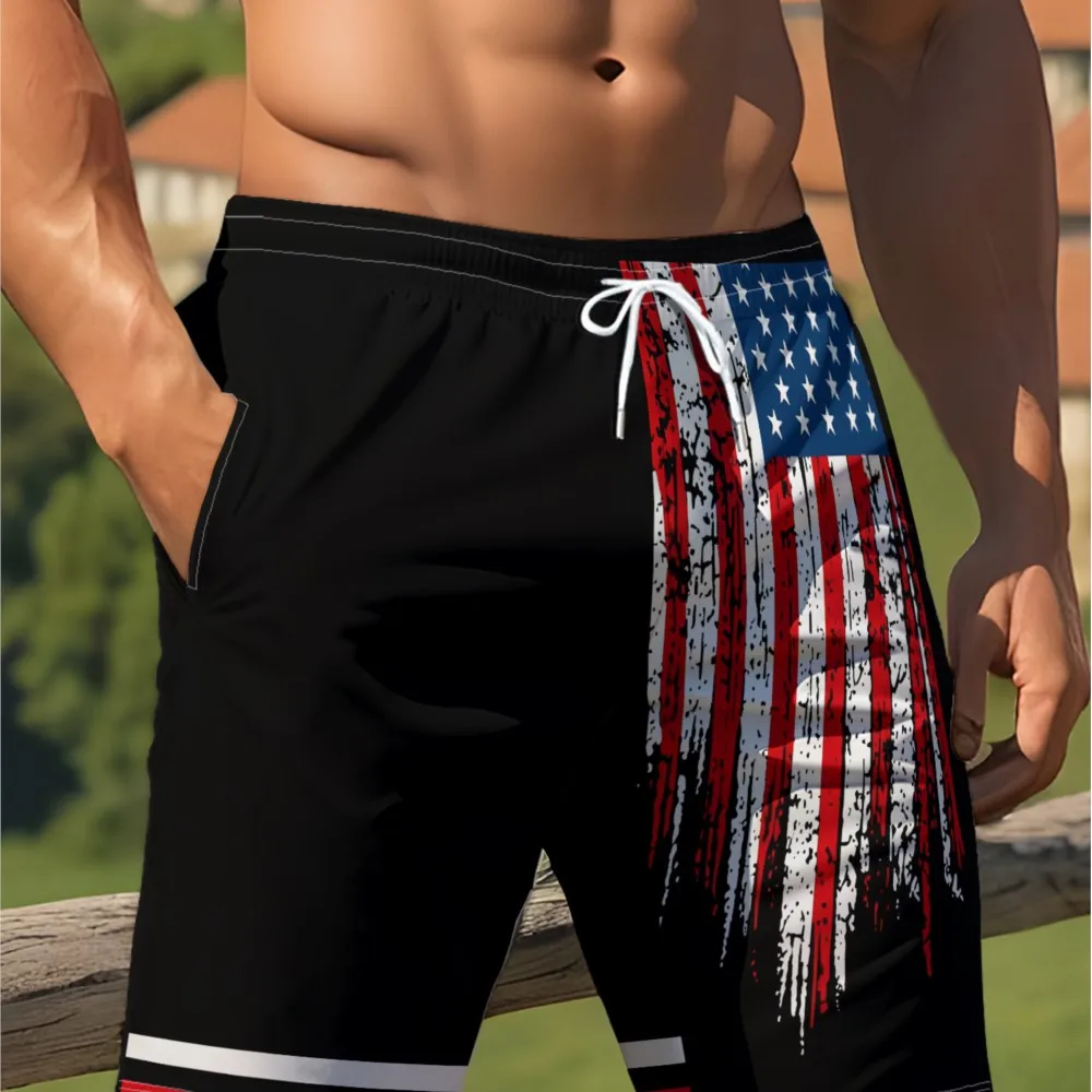 26 Summer New Men's Shorts US Independence Day Flag Printed Casual Outdoor Sports Quick Drying Mesh Hawaii Vacation Beach Shorts