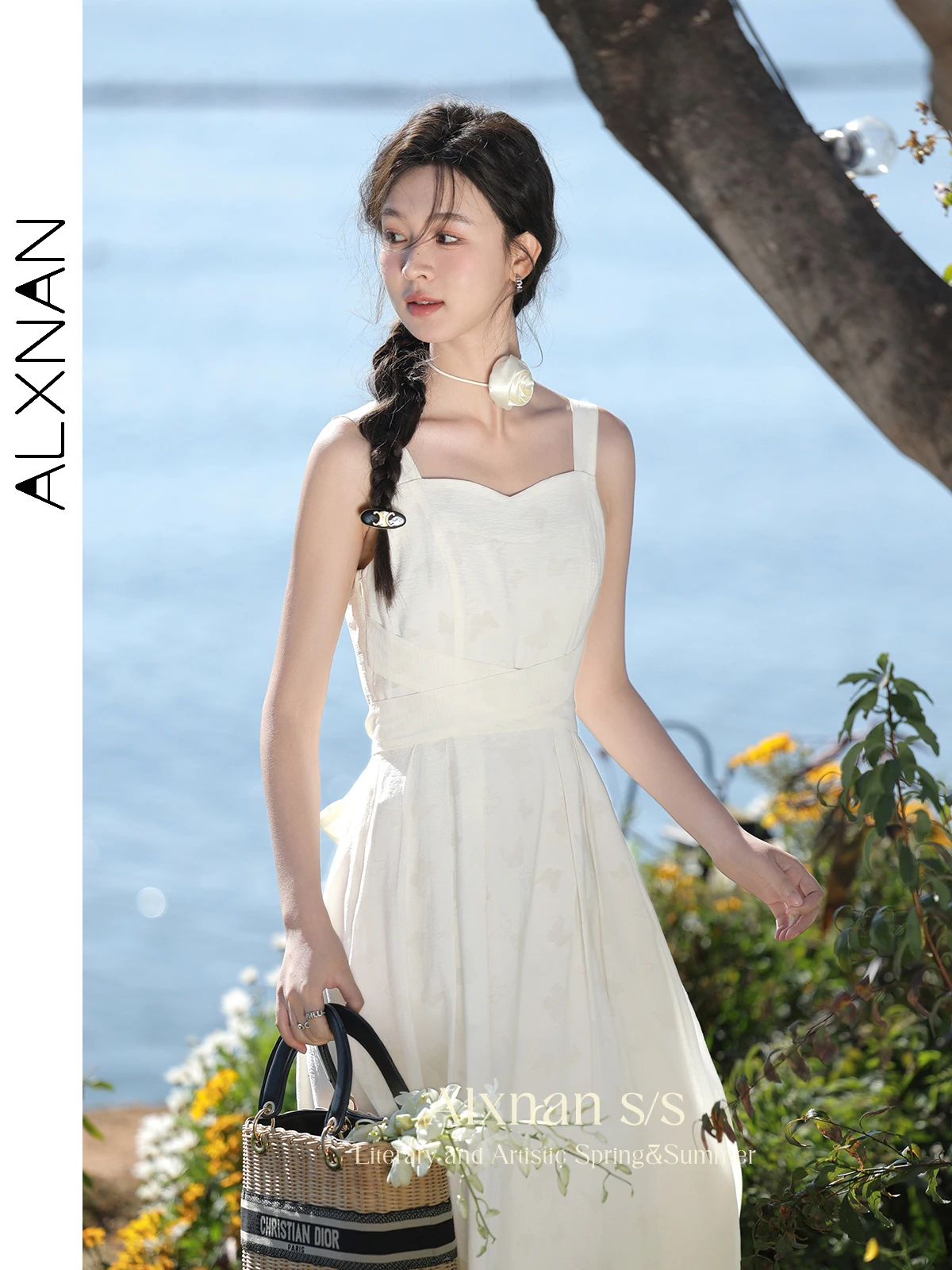 

ALXNAN Frenchy Tie Belt Strap Dresses for Women 2024 Spring Summer Invisible Print Fitted Midi Fairycore Dress Clothes L33677