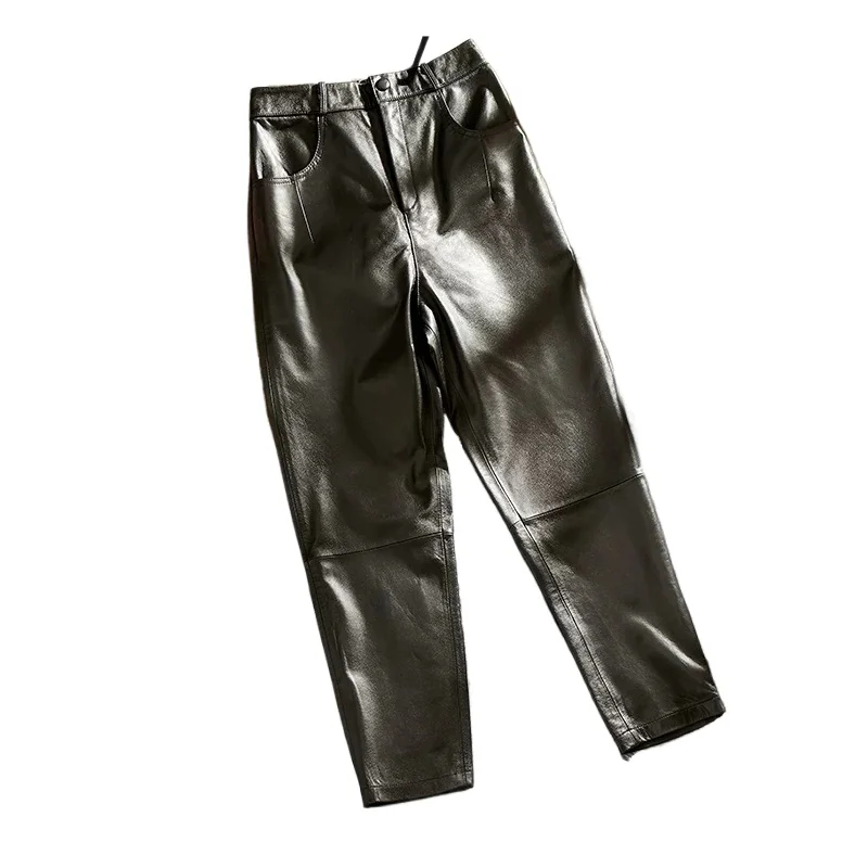 

Genuine Leather Pants Womens Clothing High Waist Winter Pants Women Black Harem Pants Korean Fashion Streetwear Roupa Feminina