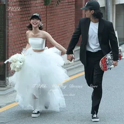 TULX Princess Strapless 2Pcs Korea Tulle Wedding Photo Shoot Corset Back Ankle Length Tiered Puffy Bridal Gown Customized 웨딩드레스