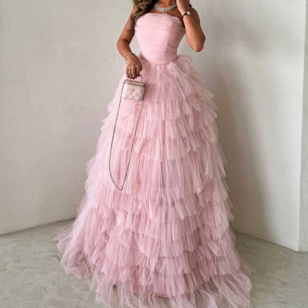 Customized Exquisite Organza A-Line Tiered Evening Dress Delicate Floor Length Strapless платье вечернее Saudi Arabia 2024