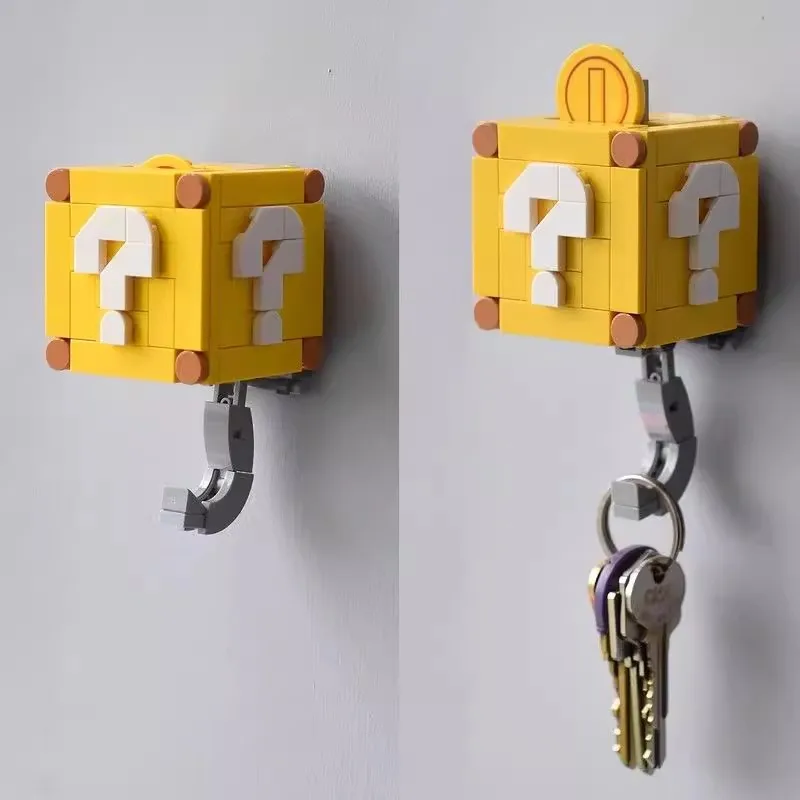 Juego Super Mario Bros bloques de construcción gancho de fontanero Cosplay punto de interrogación cuadrado niño montaje Manual juguete gancho de almacenamiento de llaves regalos