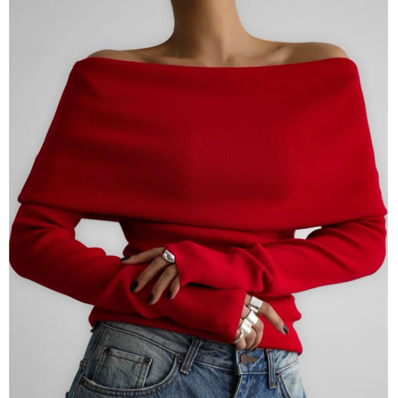 Sexy Slim Fit Exposed Shoulders Sweater Women New Autumn Winter Long Sleeve Knit Pullover Tops s872