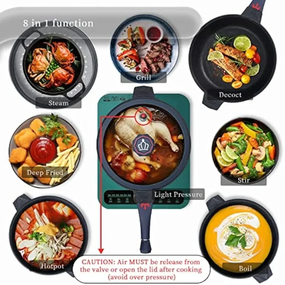 TIBORANG 7 in 1 Multipurpose 11 Inch 5 Quart Heat Indicator Nonstick Deep Frying Pan with Glass Lid, Steamed Grid