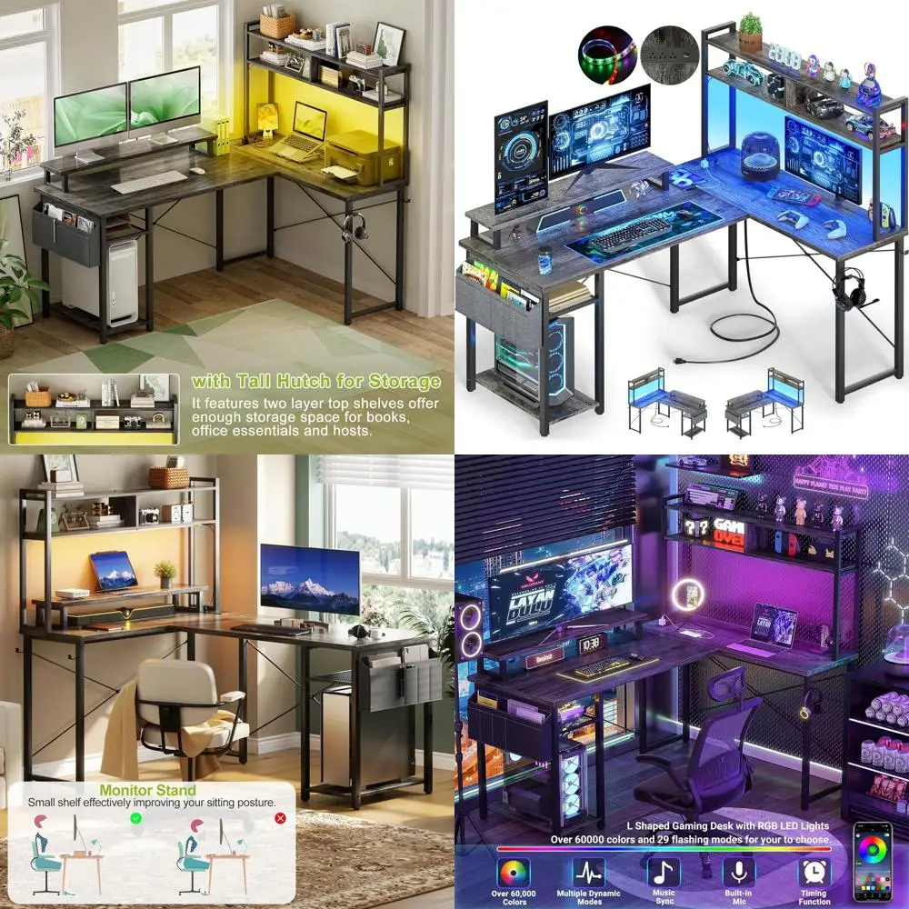 

48 Г-образный игровой стол со светодиодом, подставкой для монитора, хранилищем и розетками из черного дуба